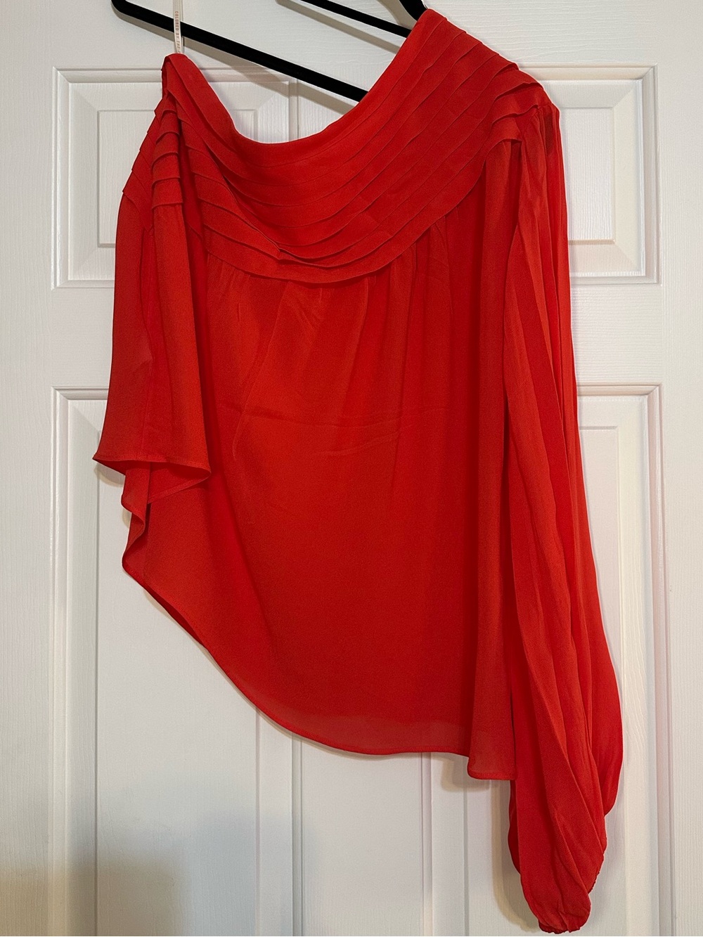 FARM Rio Rose One Shoulder Rosette Pleated Chiffon Blouse Coral Red Size M - Picture 4 of 15